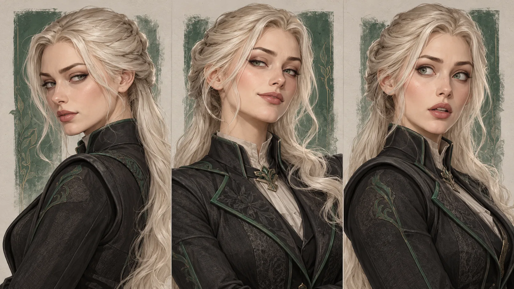Three original character-reference views showing consistent hair, dark academy clothing, and expression for a Malfoid-inspired AI video