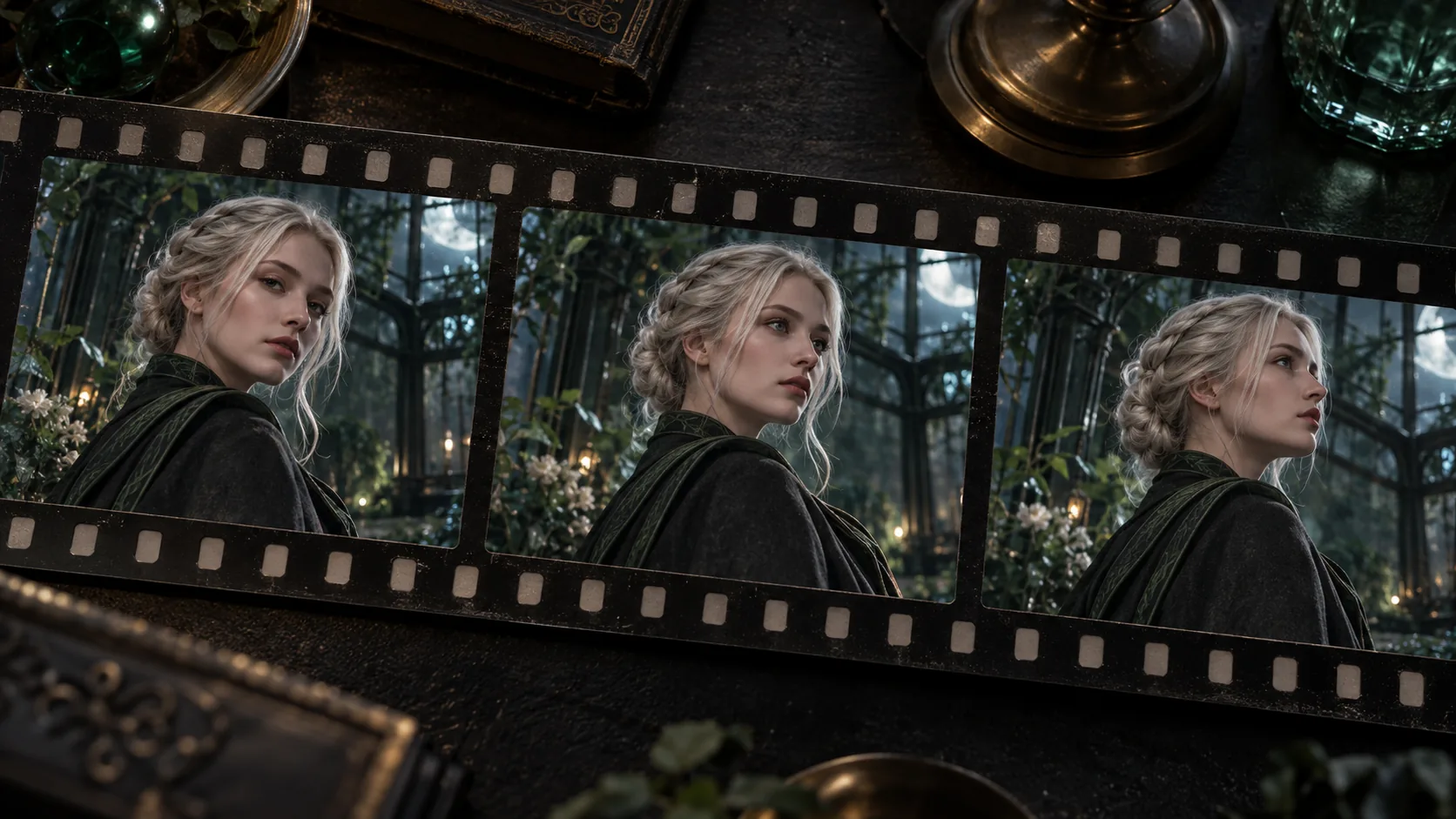 Three consecutive review frames illustrating a consistent original character and a single controlled movement