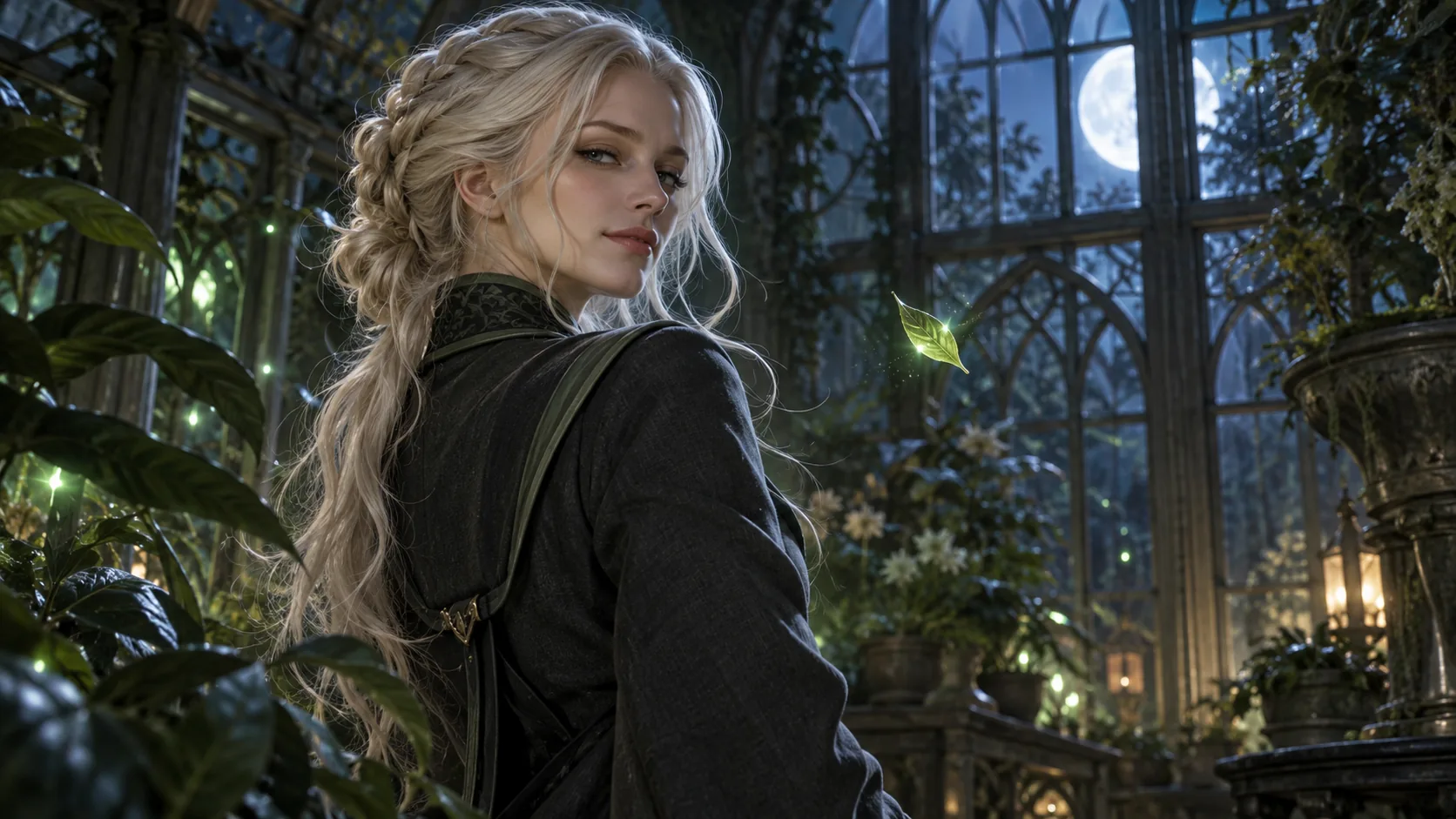 An original moonlit greenhouse scene with a blond fantasy academy student turning toward camera in one continuous shot