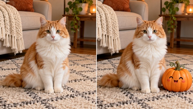 Before-and-after style reference with a cute illustrated pumpkin beside a cat