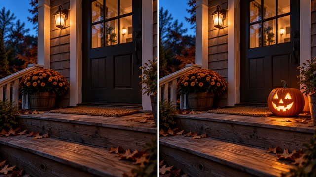 Before-and-after style reference with a glowing jack-o-lantern on a porch