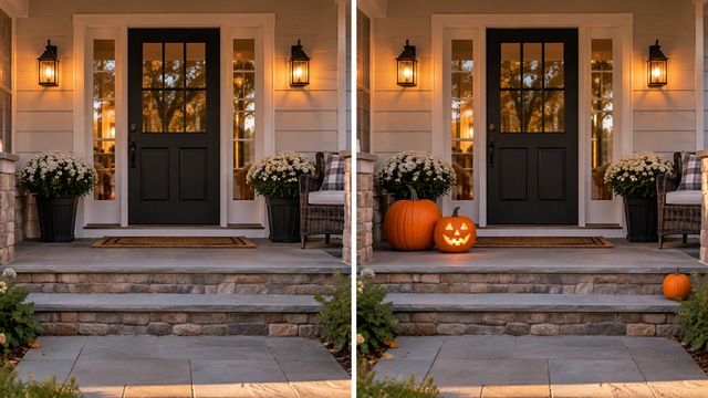 Before-and-after style reference decorating a Halloween porch with pumpkins