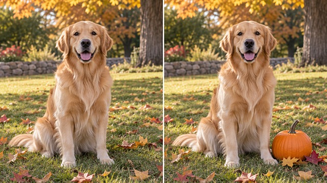 Before-and-after style reference adding a pumpkin beside a pet