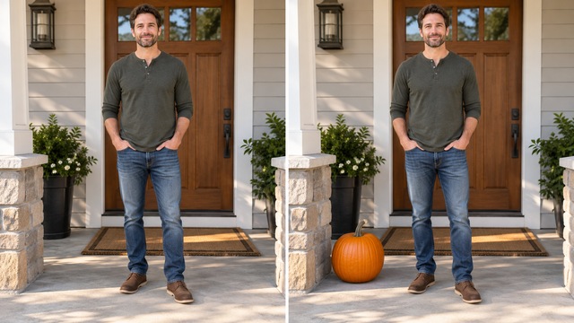 Before-and-after style reference showing a pumpkin beside a person at a front door
