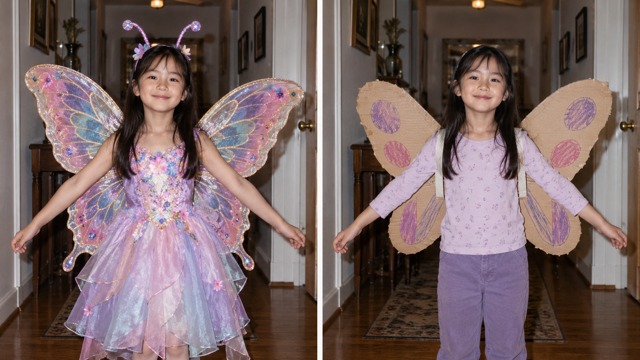 Synthetic butterfly costume comparison showing polished wings and homemade cardboard wings