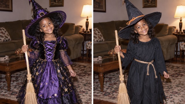Synthetic witch costume comparison showing an ornate outfit and a simple black costume