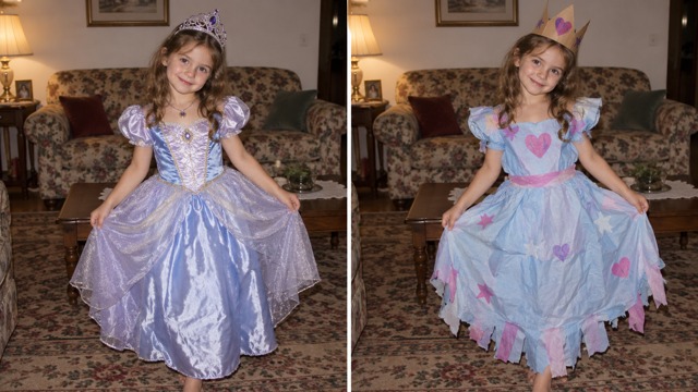 Synthetic princess costume example with elaborate and homemade outfits side by side