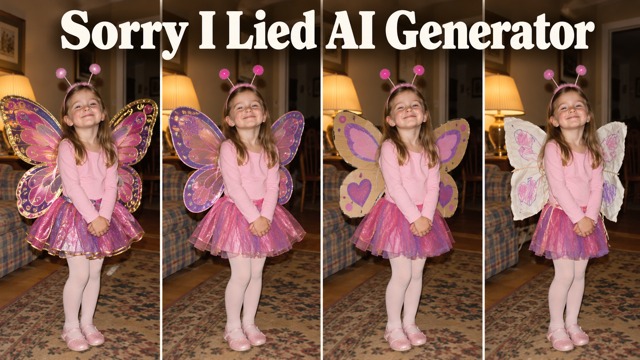 Sorry I Lied AI example: an elaborate butterfly costume becomes simpler across four photographs