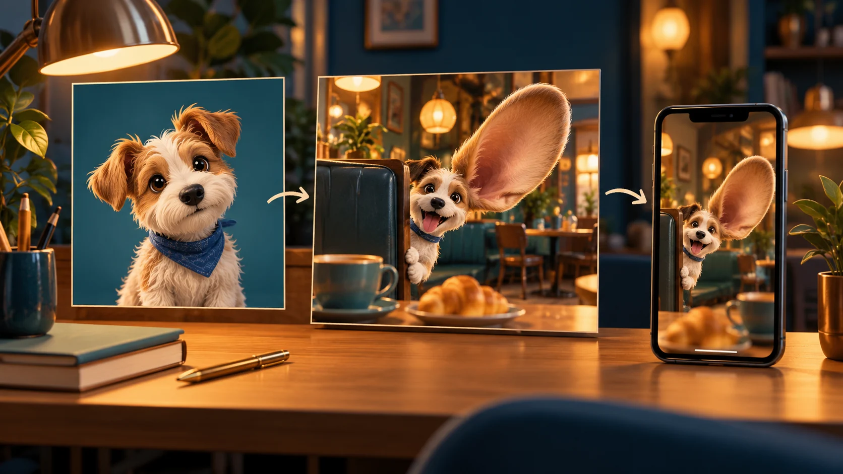 A visual progression from a fictional character reference to a staged cafe scene and a vertical Eavesdrop clip