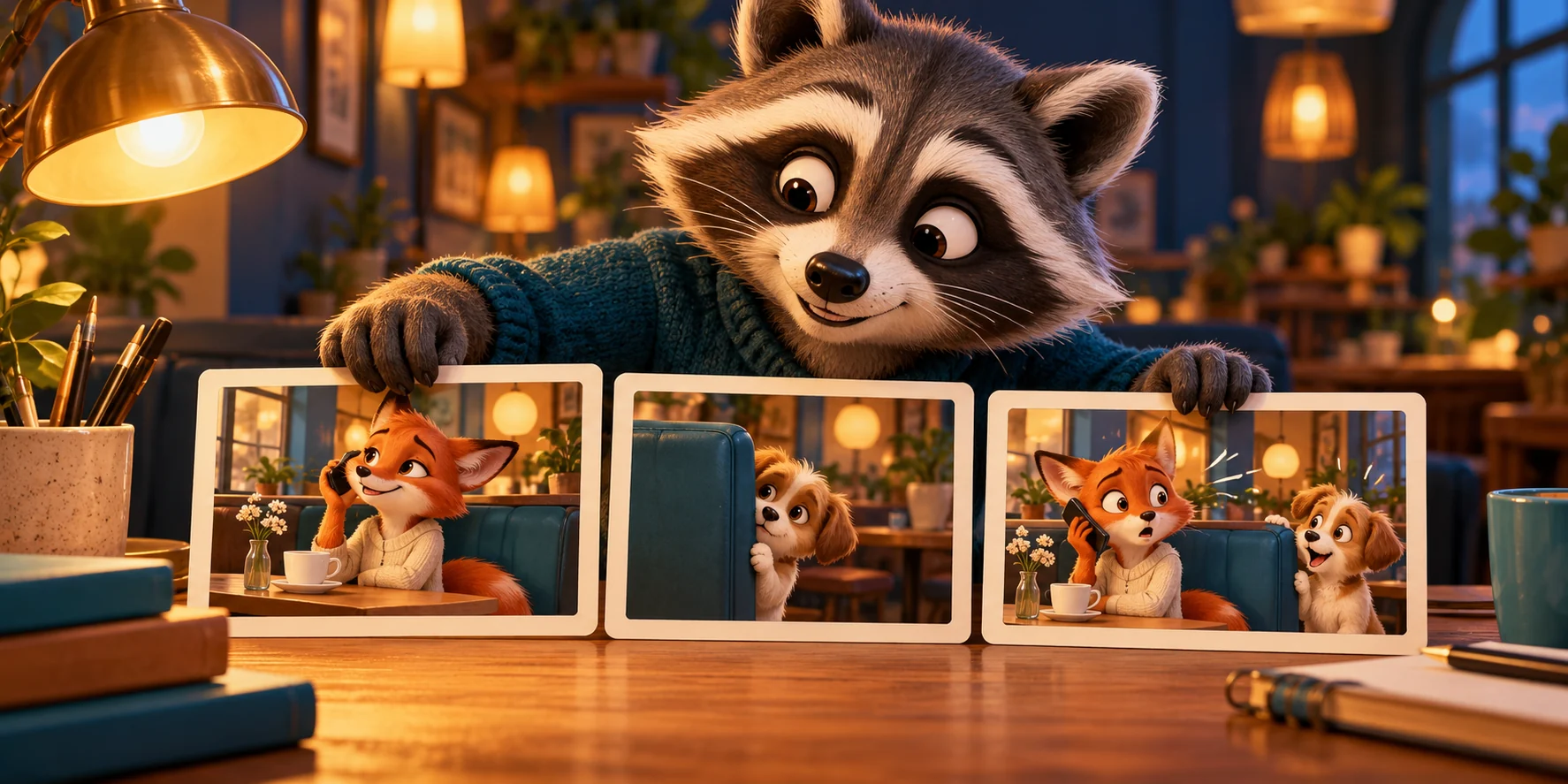 A fictional animal creator arranging simple picture cards to plan an Eavesdrop scene