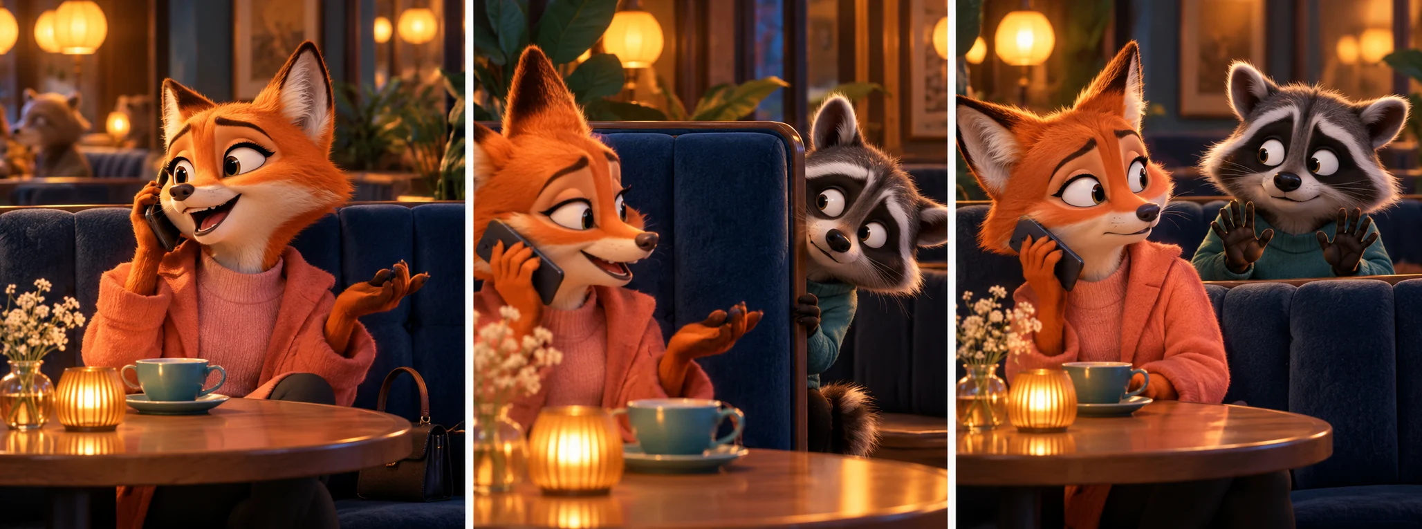 Three-panel illustration of a fictional caller, a curious listener peeking around a booth, and a caught reaction