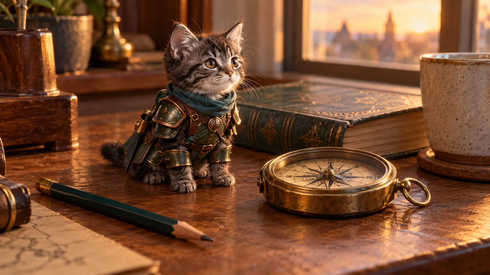 Original gray tabby knight beside a book, mug, and compass to show miniature scale