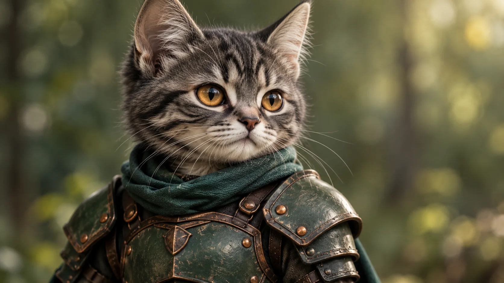 Close view of an original tiny knight's amber eyes, forest-green armor, copper trim, and teal scarf