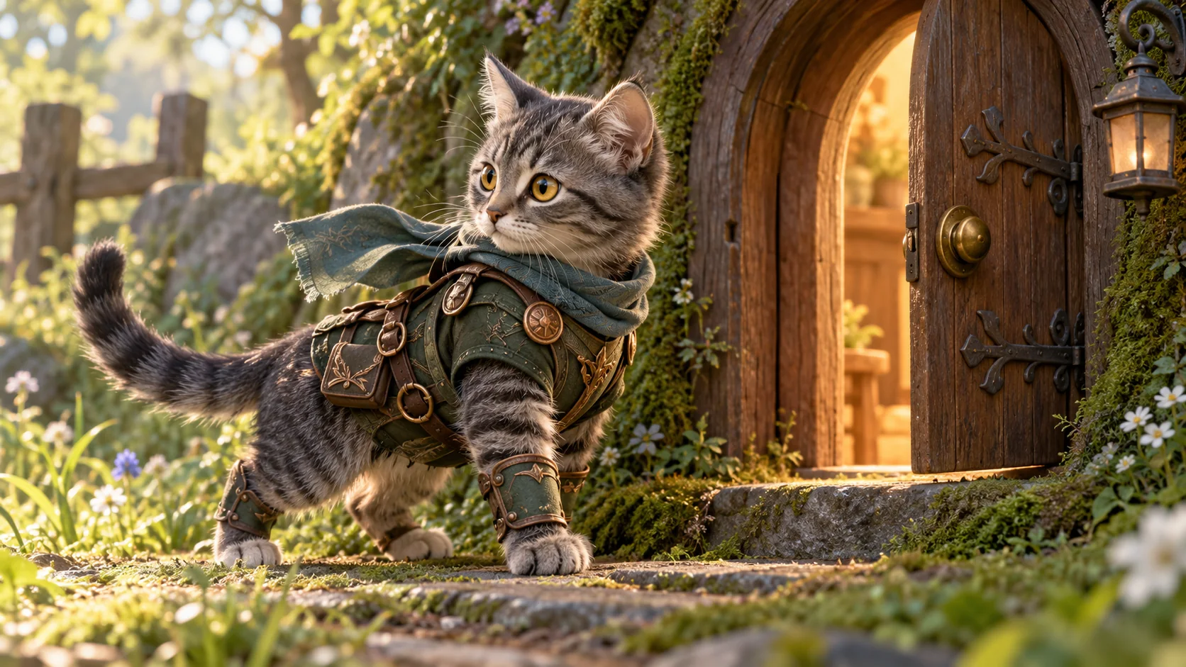 Tiny knight turning toward an open garden gate with scarf moving gently
