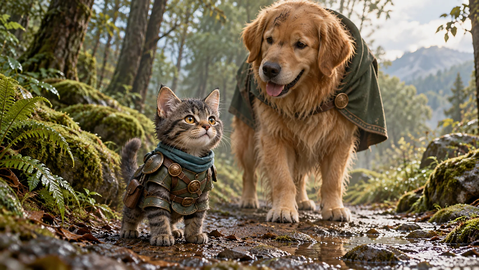 An original tiny tabby knight stands beside a much larger calm golden retriever in a forest clearing