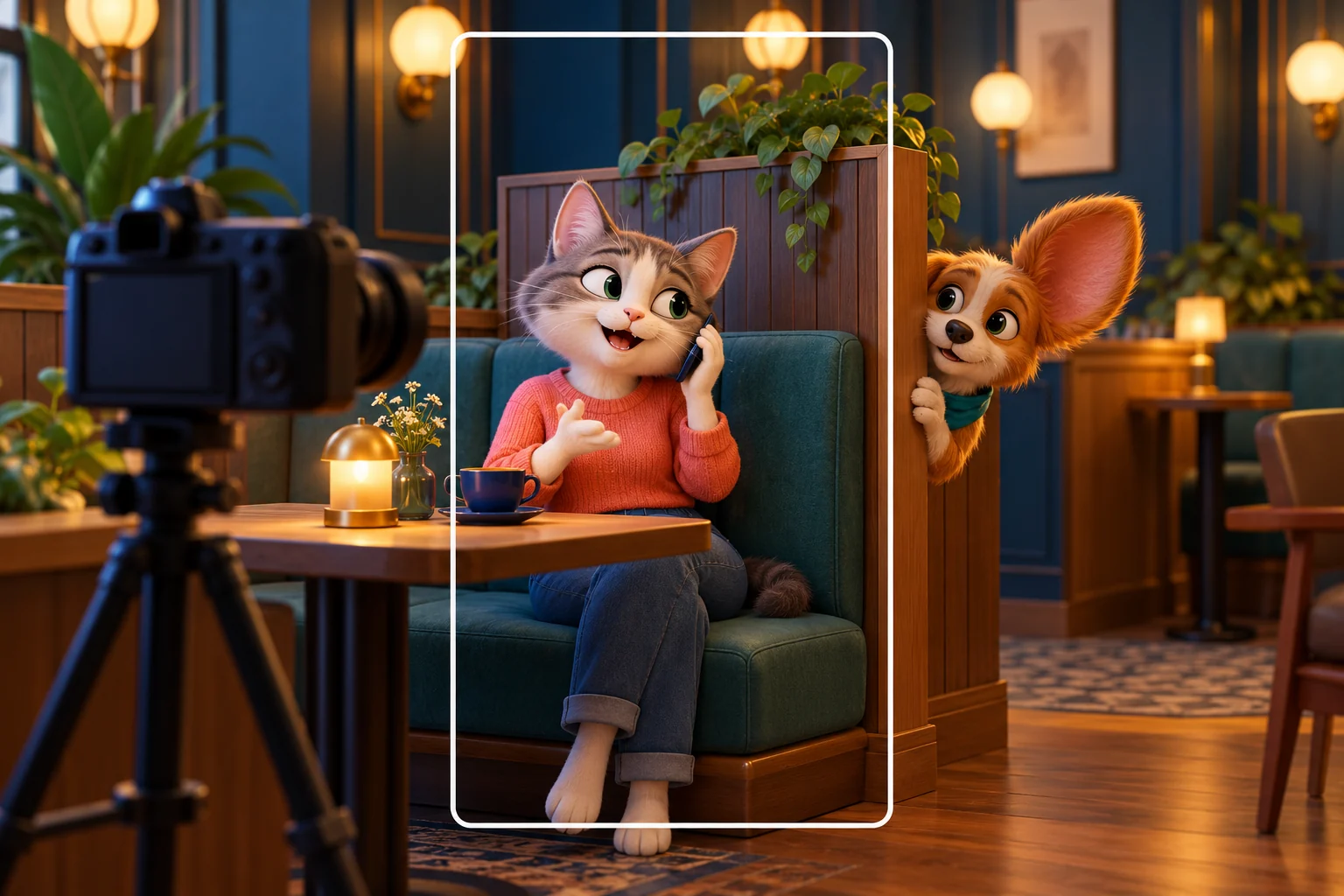 Two fictional characters framed clearly in a staged cafe scene with room for a vertical crop