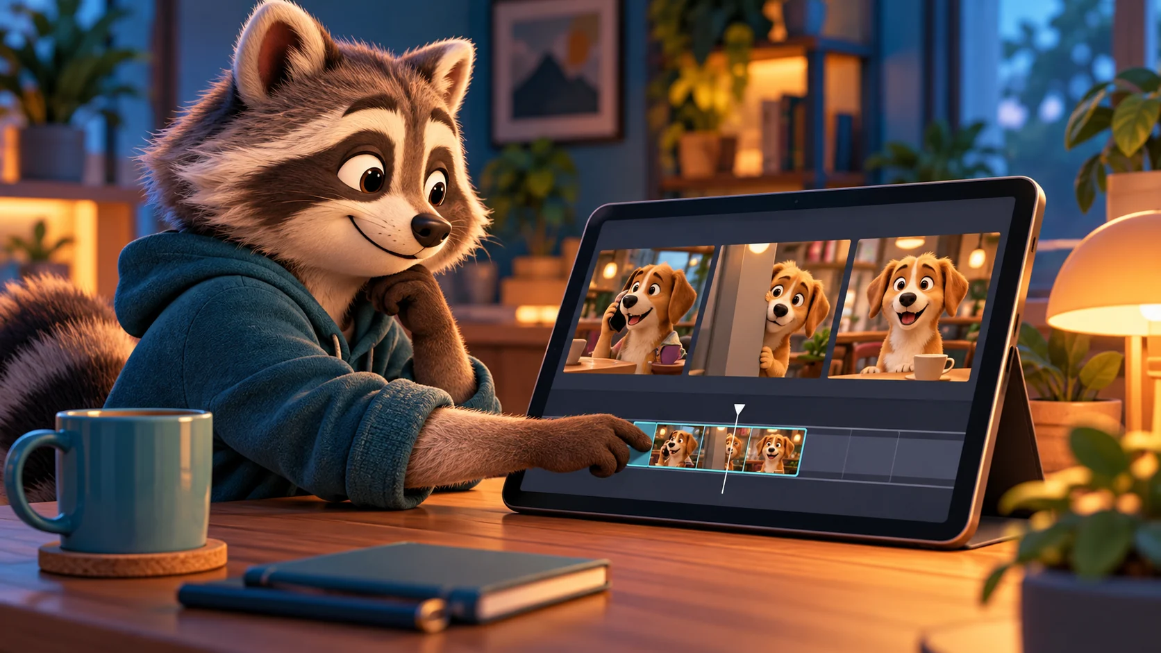 A fictional raccoon creator reviewing a short video sequence for stable characters and a clear punchline