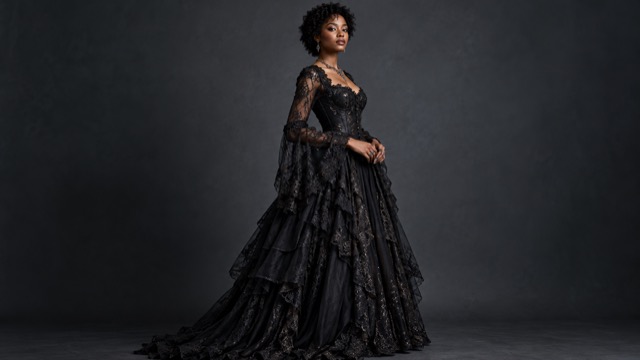 Original black lace gothic Halloween gown concept against a charcoal backdrop