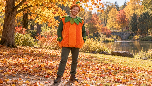 Playful orange pumpkin Halloween costume concept in an autumn park