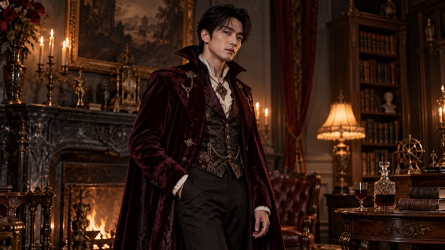 Original burgundy vampire costume concept in a candlelit library