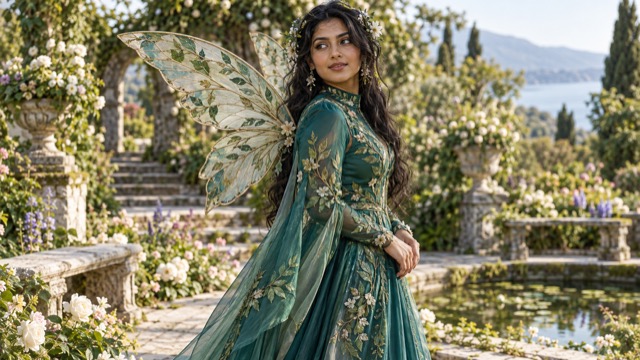 Original green woodland fairy Halloween costume concept with translucent wings